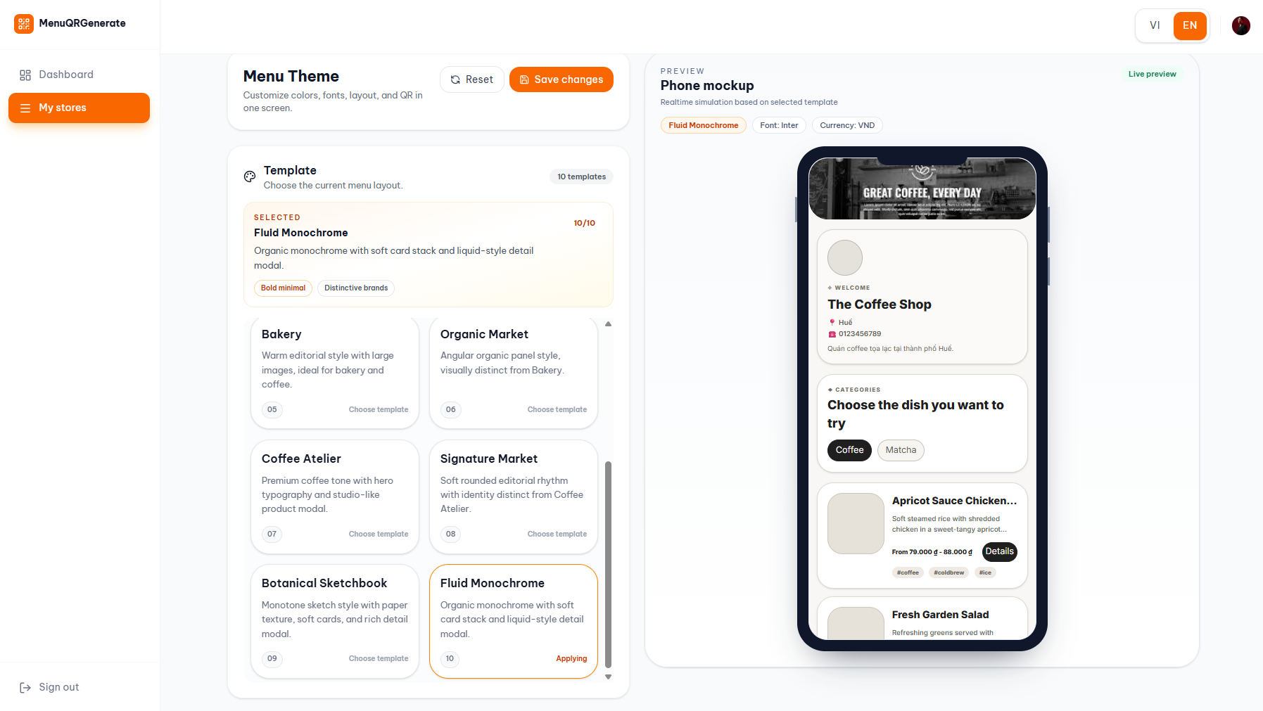 Trình biên tập giao diện Theme tùy chỉnh màu sắc và phong cách nhận diện thương hiệu menu điện tử