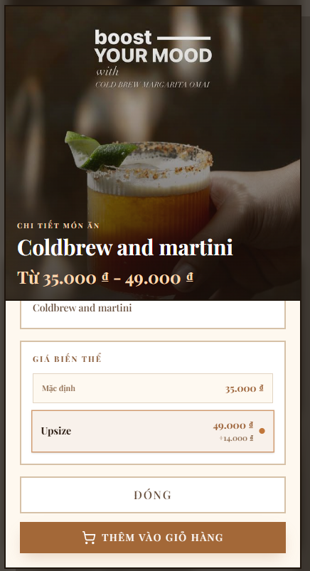 Giao diện xem thực đơn QR Menu cho quán cafe trà sữa tùy chọn topping đá đường - SignMenu